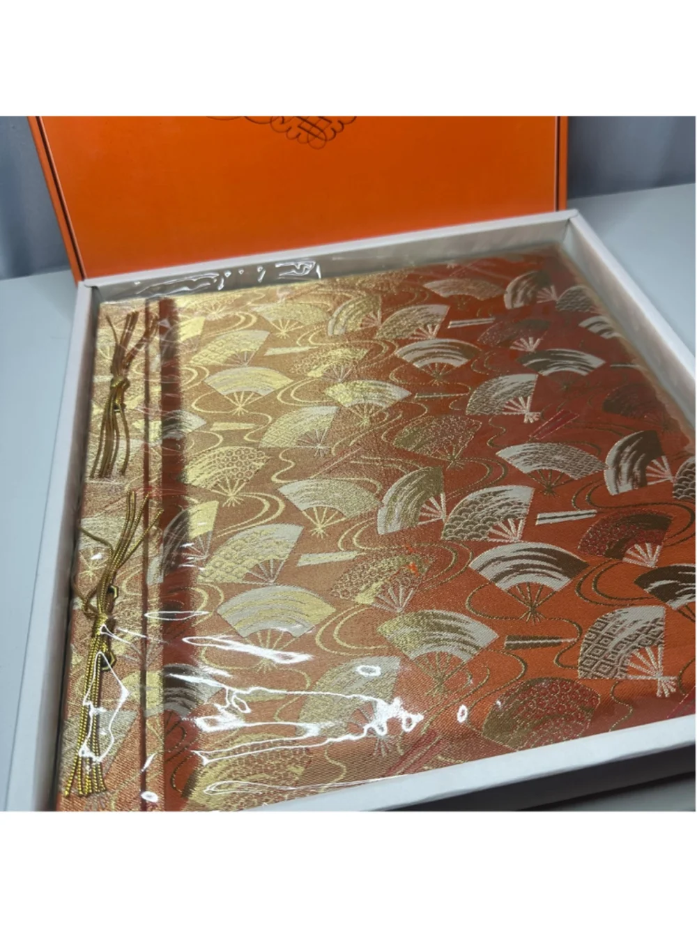 Vintage New NIB Sunny Photo Album Japan Gold & Orange Silk Brocade Fan & Tassel